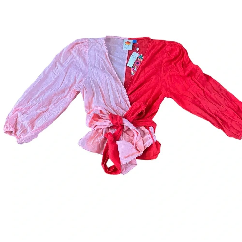 NEW Farm Rio Colorblock Boho Wrap Blouse Women's XL Pink & Red Swiss Dot Top NWT